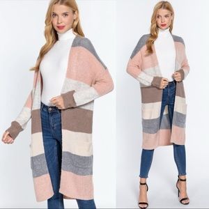 Fuzzy Color Block Striped Cardigan Sweater - Pink Multicolor